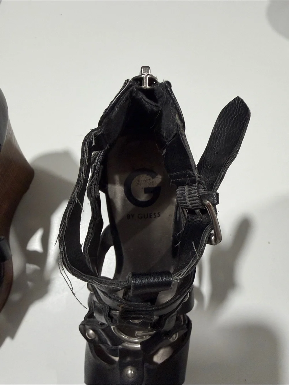 Guess Black Leather Strappy Wedge Sandals with Wood-Effect Platform